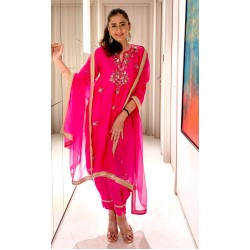 Fushia pink pure Abuthai silk tunic set with organza stole - Made To Order Only