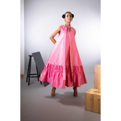 Pink Vintage Satin Loose Shift Dress With Bottom Layered Detailing