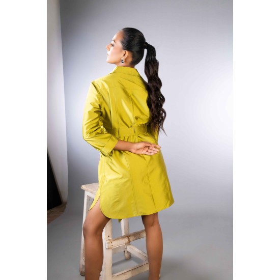 Olive Green Vintage Satin Shirt Style Dress With Pockets