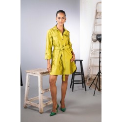 Olive Green Vintage Satin Shirt Style Dress With Pockets