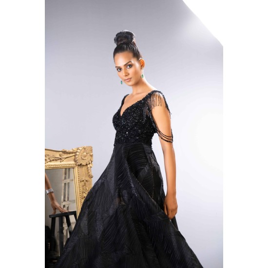 Black Beaded Corset Style Gown With Crushed Organza Pleated Skirt
