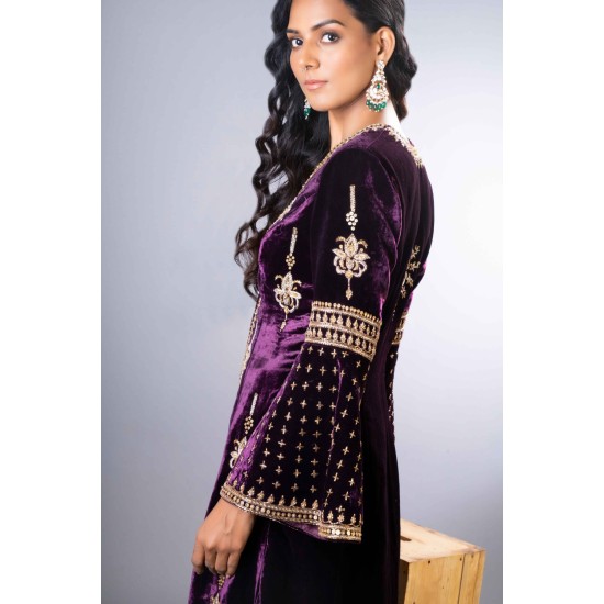Rich Velvet Deep Magenta Jacket With Sharara and Hand Detail Embroidery
