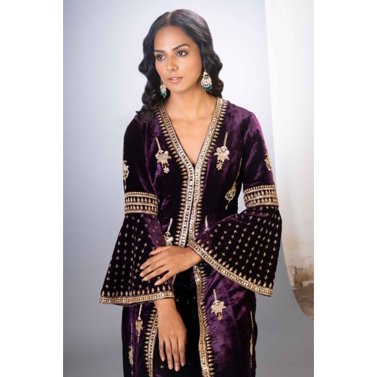 Rich Velvet Deep Magenta Jacket With Sharara and Hand Detail Embroidery