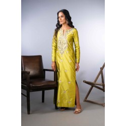 Olive Green Satin Kaftan Style Gown With Embroidery